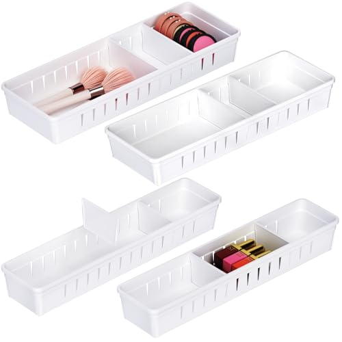 Desk Drawer Organizer Tray 4 PCS Plastic Office Drawer Organizer Bins Junk Organizer Divider with Non-Slip Silicone Pads, Makeup Vanity Organizer for Drawer, White - style: Adjustable