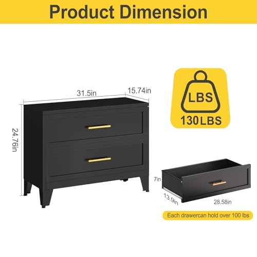 24.8" Tall Metal Dresser for Bedroom, 2 Drawer Nightstand, Side Table, Under Desk Steel Storage Drawer Cabinet, File Drawer for Home Office,Living Room, Entryway, Hallway - color: Black, style: Wide Style/2 Drawers