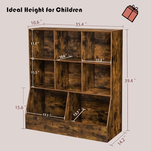 DINZI LVJ Toy Storage Organizer, Kids Bookshelf, Wood Toy Storage Cabinet, 3-Tier 8 Cubby Children Bookcase, 35.4" L Toddler Book Shelf for Playroom, Living Room, Nursery, School, Rustic Brown - color: Rustic Brown, size: 3-Tier 35.4"