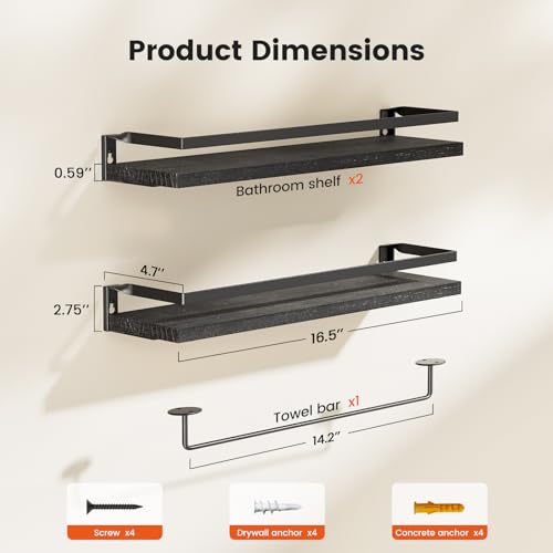 AMADA HOMEFURNISHING Bathroom Shelves with Towel Bar, Floating Shelves, Wall Shelves for Bathroom/Living Room/Kitchen/Bedroom, Black, Set of 2 - AMFS01B - color: Black