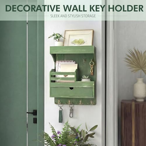 Rebee Vision Pine Wood Key Holder Wall Mount with Small Drawer Organizer - Farmhouse Key Holder for Wall with 6 Sturdy Hooks & Floating Shelf - Perfect for Room Decor (Green) - color: Green, style: Large Drawer