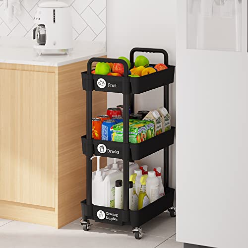 Laiensia 3-Tier Storage Carts,Multifunction Utility Rolling Cart Kitchen Storage Organizer,Mobile Shelving Unit Cart with Lockable Wheels for Bathroom,Laundry,Living Room,With Classified Sticker,Black - color: Black, size: 3-Tier