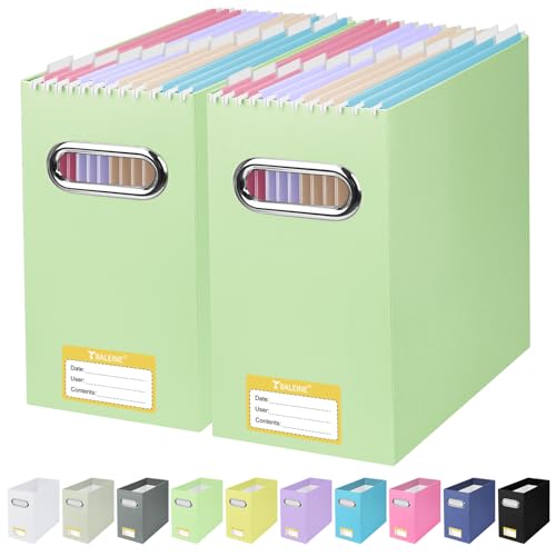 BALEINE File Organizer Box, Cardboard File Folder Organizer with Handle for Letter Size, Portable Collapsible Hanging Filing Box for Home Office Document Storage (2 Pack, Green) - color: Green, style: 2PK