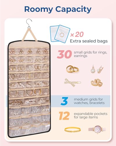BAGSMART Hanging Jewelry Organizer, Necklace Holder Anti-tangle Earrings Rings Hanger with Pockets Hang on Closet, Wall, Door,1 Piece, Extra Large Black - color: Black, size: X-Large - Standard
