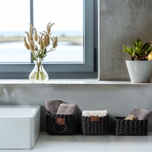 LA JOLIE MUSE Small Wicker Baskets for Organizing, Recycled Paper Rope Storage Basket Container Bins for Shelves Bathroom Cupboards Drawer, Decorative Square Basket Organizer Set of 3, Black - color: Ebony Black