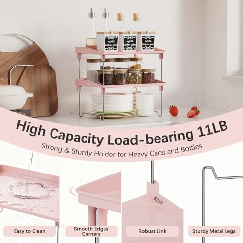 STARLATTA 2 Pcs Cabinet Organizer Shelf，Stackable Kitchen Counter Shelves, Spice Rack,Countertop Organizers，Pink Plastic Storage Shelves Rack for Makeup，Bathroom, Cupboard，Desk，Pantry Organization - color: pink, size: 2 pack