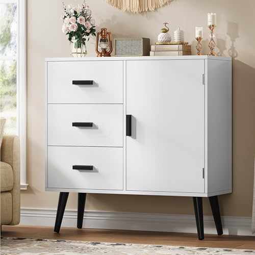 Iwell Storage Cabinet with 3 Drawers, Sideboard Buffet Cabinet with Adjustable Shelf, Freestanding Floor Storage Unit for Living Room, Entryway, Home Office, White - color: White