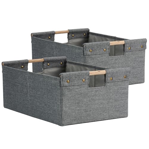 2PCS Storage Bins Cotton Linen Fabric Storage Boxes Basket with Wooden Handles Foldable Washable Decorative Shelf Container Clothes Organizer Home Laundry - Medium Size, Gray - color: Gray, size: Medium (Pack of 2)