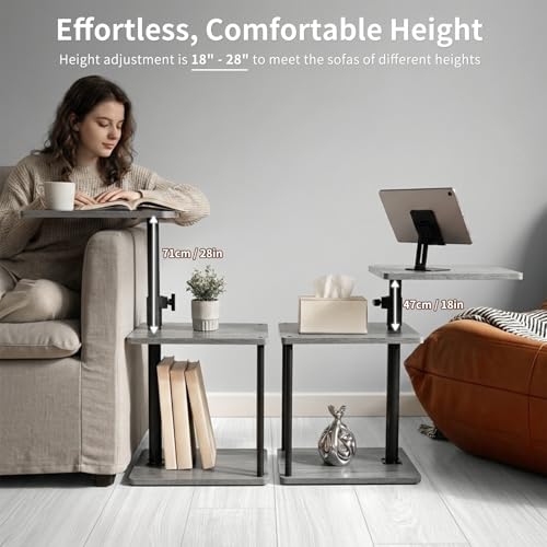 360° Swivel Side Table with Storage, Height Adjustable, Smooth-Rolling Wheels, C-Shaped End Table for Couch/Sofa, Recliner, Living Room, Grey Walnut-Look - color: Grey Walnut - Look