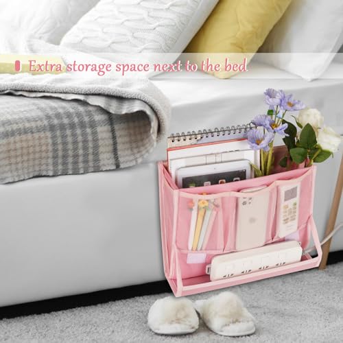 Bedside Caddy Bedside Storage Organizer Bedside Organizer with Power Strip Holder and 2 Adjustable Straps for Home Bunk Bed Dorm Sofa (Pink) - color: Pink