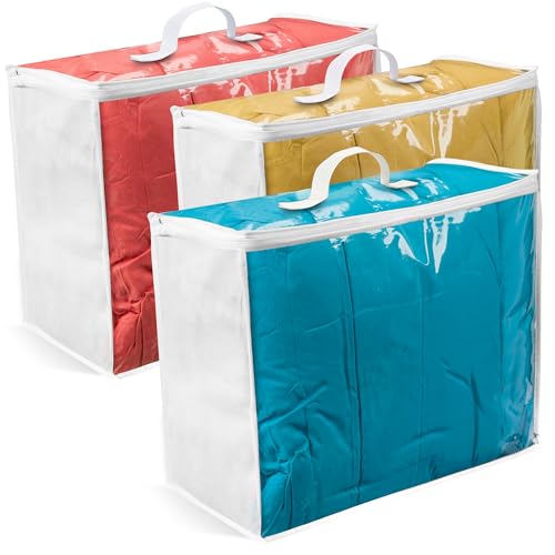 VitalUp 3 pack Clear Plastic Storage Bag with Zipper, Foldable Moving Bag for Comforters, Blankets, Bedding, Storage Containers, Breathable, Durable Clothes and Duvet Closet Organizers, 18x15x9 - color: Clear with Non-Woven Sides, size: 18x15x9 (39.8L) -