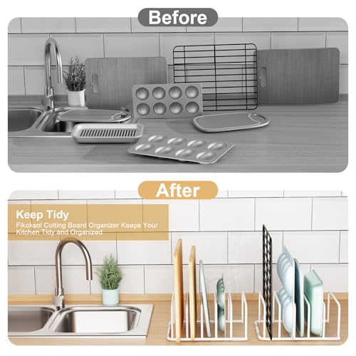 Fikoksol Cutting Board Organizer and Baking Sheet Rack, [1-Pack] White Heavy Duty Metal Cookie Sheet Organizer for Cutting Board Storage & Plate Holder for Cabinet, Tray Dividers for Cabinets - color: 1pc，White
