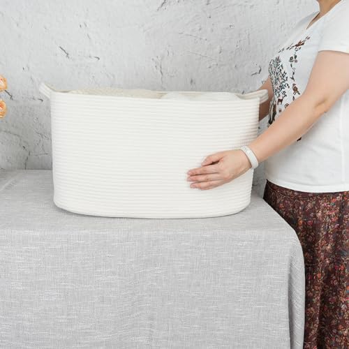 XUANGUO Large Rectangle Blankets Basket Living Room 22"x17"x12" Woven Cotton Rope Storage Baskets for Nursery Toy Baskets for Kids and Dogs Wicker Laundry Basket Bin for Clothes Towels white - color: white