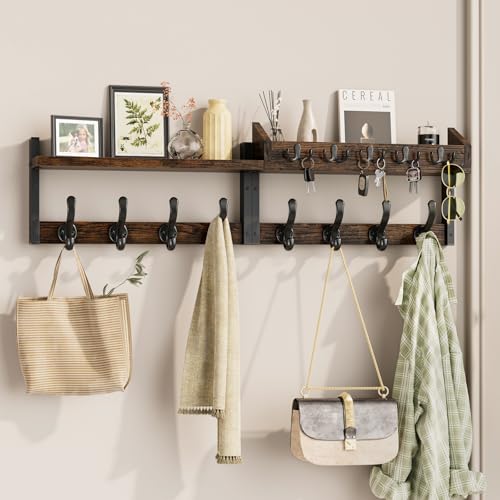 Evermagin 35" Coat Rack Wall Mount with Shelf, 4 in 1 Coat and Key Hanger with 13 Metal Hooks, Entryway Wall Mounted Shelf with Mail Holder for Living Room, Bedroom, Rustic Brown - color: Rustic Brown, size: 35 Inch