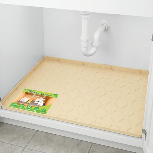 Mateeylife Under Sink Mats for Kitchen Waterproof 34"X22", Undersink Protectors，Silicone Mat Cabinet Liner, Under Sink Organizer for Bathroom and Kitchen，Boot Tray Pet Food Mat, Khaki - color: Khaki, size: 22''W x 34''L