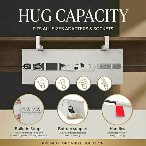 Under Desk Cable Management No Drill – 28" L x 6" W Cord Organizer, Upgraded Silicone Pads (No Scratch), 16 Cable Slots, Washable PE Honeycomb Base, Fits Desks 0–2.1" Thick, Beige - color: Beige, size: Upgraded with Enhanced Features-28"L x 6"W