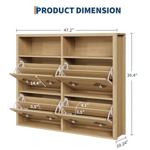 GarveeHome Shoe Cabinet with 4 Flip Drawers, Narrow Wood Shoe Organizer Cabinet with Floral Pattern, Freestanding Slim Shoe Rack Cabinet with Adjustable Shelves & Open Storage, for Entryway, Natural - color: Natural Wood Color, size: 4-Drawers