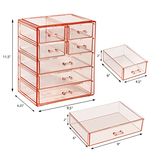 Sorbus Acrylic Makeup Organizer Set, 7-Drawer Vanity & Countertop Cosmetic Storage with Small & Wide Drawers, Pink Makeup Storage for Brushes, Lipsticks, Jewelry – Holiday Gift for Women & Teens - color: Pink, style: 3 Large, 4 Small Drawers