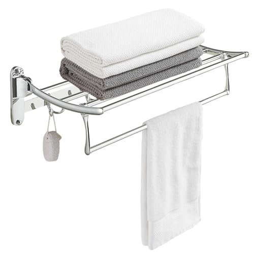 BESy 24 Inch Polished Chrome Towel Racks, Bathroom Towel Shelf with Foldable Towel Bar Holder and Towel Hooks, Wall Mounted Multifunctional Bathroom Accessories, Double Towel Bars - color: Chrome