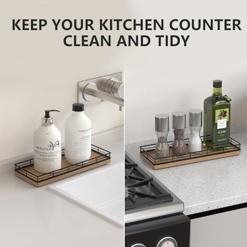 Bathroom Tray for Counter Top Organizer – Acacia Wood Vanity Tray with Metal Frame for Dresser, Kitchen, Nightstand – Black & Acacia Decorative Storage - color: Black & Acacia, size: 11" x 4.5" x 1.5"