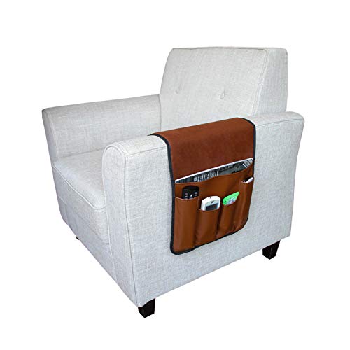 Luxury Leather Sofa Armrest Organizer, Non-slip Couch Sofa Chair Caddy with 5 Pockets for Phone, Book, Magazines, Tablet, Remote Control Holder Recliner Couch Tidy Hanging Storage Bag Arm Chair Tray - color: Brown, Luxury Leather
