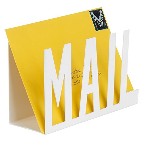 MyGift Mail Holder Organizer Countertop Modern Metal White with Cutout MAIL Lettering Design, Office Desktop Envelope and Document Storage Rack - color: White