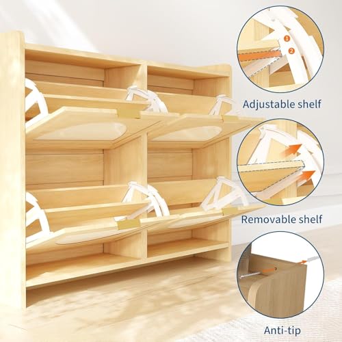 Patikuin Narrow Rattan Shoe Cabinet, 4 Semi-Circular Flip Doors Freestanding Shoe Storage Organizer, MDF Wooden Hidden Slim Shoe Rack for Entryway, Hallway, Foyer, Living Room - size: 4 Flip Drawers