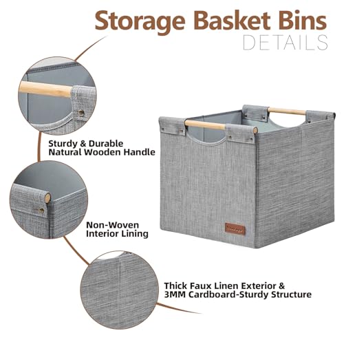 KAKAMAY Collapsible Cube Storage Bins 15x13x13 Inches Grey 2-Pack, Foldable Storage Organizer Wooden Handles Fabric Baskets for Living Room Shelves, Bedroom Nursery Closet Toys, Clothes, Laundry - color: Grey