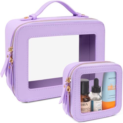 LETGO Clear Makeup Bags Set - TSA Approved Toiletry Bag with Handle Large Opening, Clear Toiletry Bags Case Pouch for Travel Essentials Car Accessories for Women Men (0-2Pack-Purple) - color: 0-Large+Mini-Purple