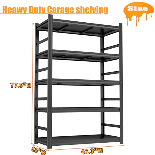 78" H Garage Shelving Heavy Duty, 5 Tier Shelving Unit, 2500LBS Industrial Metal Garage Shelves, Adjustable Utility Shelf Organizer Storage, Use for Basement, Warehouse, Pantry Closet, Black - size: 47.3"W x 18"D x 77.5"H