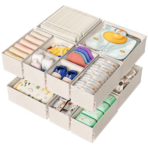 Cotton Linen Drawer Organizer for Baby Clothes, 12Pack Multi-Size Nursery Dresser Dividers for Clothes, Premium Foldable Storage Bins for Bedroom, Closet and Diaper Table, Beige - size: Linen 12 Pack