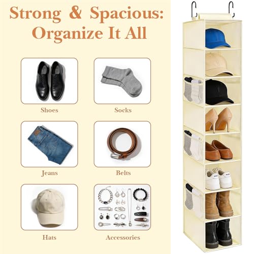 VERONLY Hanging Shoe Organizer for Closet with 8 Shelves,Mesh Pockets-Wider Hanging Shelves for Shoes,Clothes,Hats With Sturdy Bamboo-Supported Design (Beige) - style: Beige Bamboo Hanging