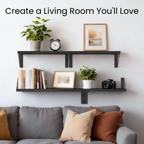 BAYKA Wall Mounted Floating Bathroom Shelves, Wood Wall Shelf for Bathroom Essentials & Decor, Space-Saving Display & Organizer (Black, Set of 4) - color: A. Black Board & Black Brackets, size: 16-inch Mixed