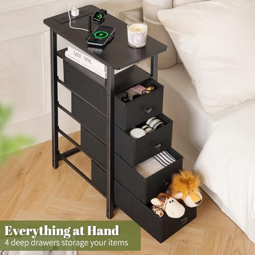 Yoobure LED Narrow Nightstand with Charging Station - Slim Dresser for Bedroom Narrow Side Table Storage Cabinet, Small Dressers Chest of Drawers, Tall Skinny Night Stand End Table for Small Spaces - color: Black