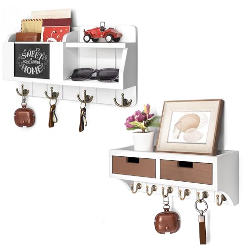 Modern Key Holder Wall Mount Combo - Elegant 2-Color Key Rack with 2 Drawer Organizer and Decorative Mail Organizer – Perfect for Home Decor & Organization (White & Retro Brown)