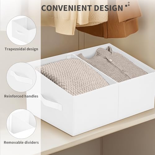 DIMJ Large Closet Shelf Organizer Bins 4 Packs with Handles and Divider, Fabric Trapezoid Storage Baskets, Foldable Clothes Containers Box for Shelf, Towel, Book, Toy, Purse, Hats, White - color: White, size: 4 Bins 16.5"x11"x7.8"