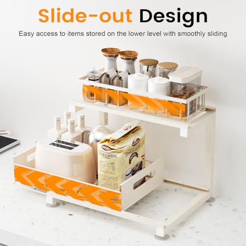 Under Sink Organizer, Heavy Duty Metal Pull Out Cabinet Organizer Slide Out Sink Shelf Organizer Height Adjustable, Multi-Purpose Storage Shelf for Kitchen Bathroom(Sand,2Pack) - color: Sand, size: 2 Pack