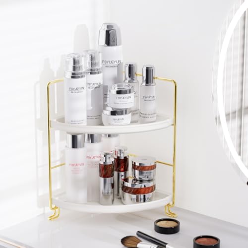 FSyueyun 2-Tier Corner Bathroom Counter Organizer, Tool-Less Installation Vanity Shelf Small Plastics Countertop Makeup Tray Skincare Perfume Organizers (Gold) - color: Gold