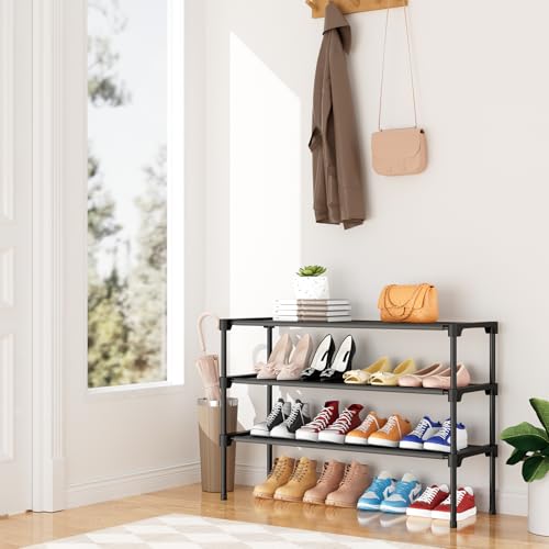 32.3" Widening Design Shoe Rack for Closet 16 Pairs Small Spaces Non-Woven 3 Tier Shoe Organizer Stackable Metal Shoe Shelf for Entryway, Bedroom - color: Black