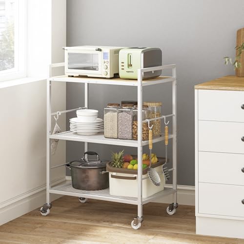 3-Tier Metal Storage Rack with Industrial Wheels,Mesh Shelving Unit with Wooden Table top,Adjustable Shelf,23.6-Inch Width,15.8-Inch Depth, for Kitchen, Laundry,Pantry,Plant,white - color: Oak Panel, size: 3 Tier (23.6"W x 15.8"D)