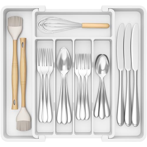 Lifewit Silverware Drawer Organizer, Expandable Utensil Tray for Kitchen, BPA Free Flatware and Cutlery Holder, Adjustable Plastic Storage for Spoons Forks Knives, 8.5-14 x 12", White - color: White, size: Medium (8.5-14''W x 12''D)