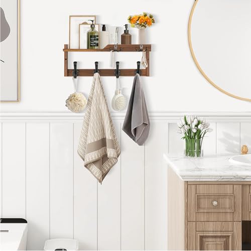 dreampossible Coat Rack Wall Mount with Shelf, Coat Hanger Wall Mount with Key Hooks and Mail Holder, Wood Entryway Floating Shelf with Hooks and Storage, Hat Rack for Wall Key Holder Mail Organizer - color: Brown, size: 16.6 Inch Long
