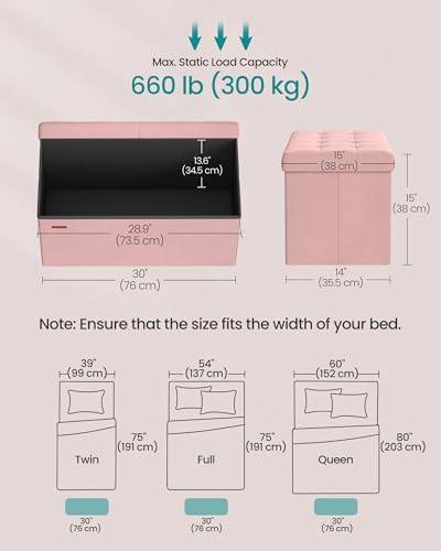 SONGMICS Mazie Collection - 30 Inches Storage Ottoman, Foldable Storage Bench with Flipping Lid, 660 lb Load Capacity, for Entryway, Living Room, Bedroom, Velvet Fabric, Jelly Pink ULSF048SA03 - color: Jelly Pink, size: 15"D x 30"W x 15"H
