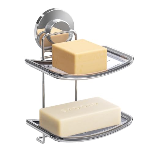 LEVERLOC Soap Dish Holder Suction Cup for Shower Wall Double Layer Drill-Free Waterproof Wall Mount Strong Suction Removable Bar Soap Sponge Holder for Bathroom Bathtub Kitchen, Chromed - style: 2 tiers Chrome