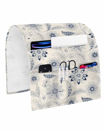 Sofa Armrest Organizer Bedside Caddy, Vintage Blue Floral Non Slip Couch Remote Control Holder for Recliner, Rustic Abstract Flower Burlap Arm Chair Caddy with Pocket for Magazine Phone, 13"x35" - color: Navy, size: 13x35 in
