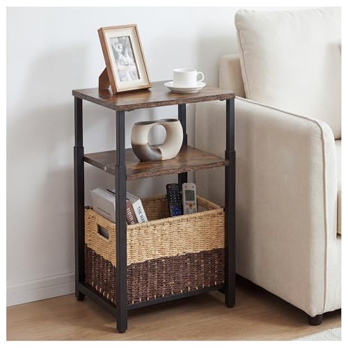 Side Table with Storage Basket, Small End Table with Modern Design and Adjustable Height for Living Room, Bedroom Nightstand Bedside Table for Small Spaces (Rustic Brown + Classic Black) - color: Rustic Brown + Classic Black