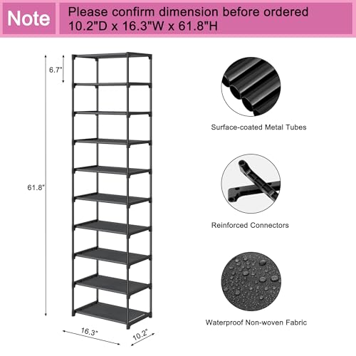 Autonomier 10 Tier Tall Shoe Rack, Non-Woven Fabrics Compact Narrow Shoe Stand Shelf, Vertical Small Space Saving Storage Organizer for Closet Floor, Front Door Entrance, Entryway, Black - size: 10-Tier