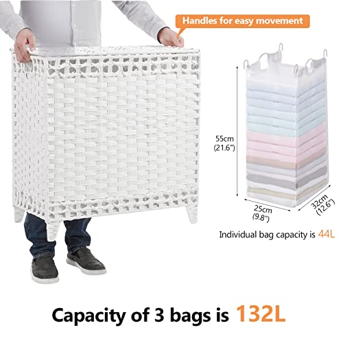 Laundry Hamper with 3 Removable Liner Bags; 132L Handwoven Rattan Laundry Basket with Lid & Heightened Feet; Clothes Hamper with Side Handles; Laundry Sorter with 3 Separate Sections - color: White, size: 132L-3 Section