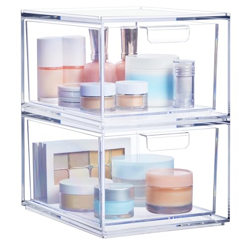STORi Audrey Stackable Clear Bin Plastic Organizer Drawers | 2 Piece Set | Organize Cosmetics and Beauty Supplies on a Vanity | Made in USA - size: 4.5" Tall Set
