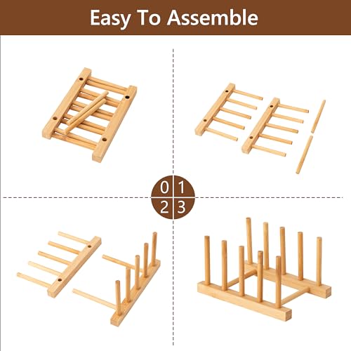 HBlife 4pcs Bamboo Dish Plate Bowl Cup Book Pot Lid Cutting Board Drying Rack Stand Drainer Storage Holder Organizer Kitchen Cabinet（Keep Dry） - color: Bamboo 4 Slots 4pcs